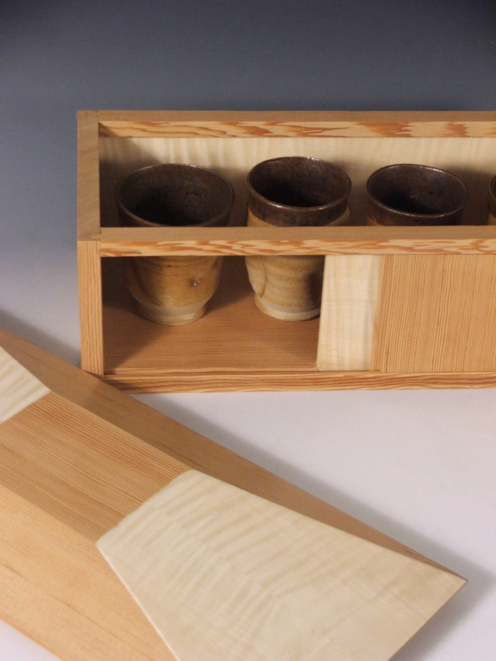 House of Cups, 2009 16" x 6" x 7 1/2" Douglas Fir, Curly Maple Veneer, Cone 10 Stoneware, Ash Glazes