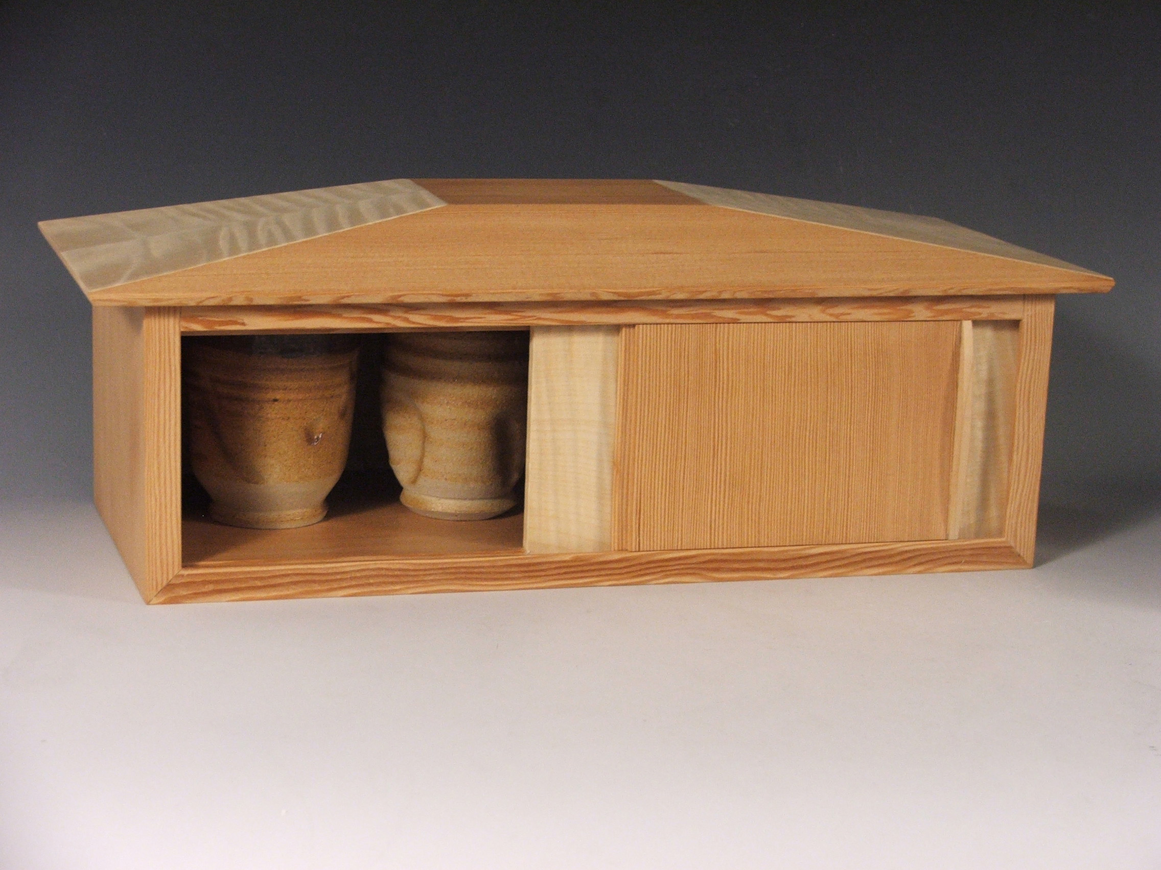 House of Cups, 2009 16" x 6" x 7 1/2" Douglas Fir, Curly Maple Veneer, Cone 10 Stoneware, Ash Glazes
