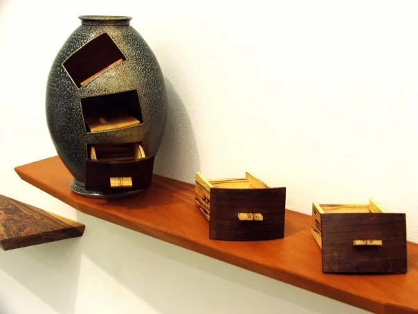 Vase with Drawers, 2009 6 ½’’ x 5 ¼’’ x 7 ¾’’ Wenge, Spalted Maple, Stoneware Cone 10 Salt Fire, Sprayed Glaze