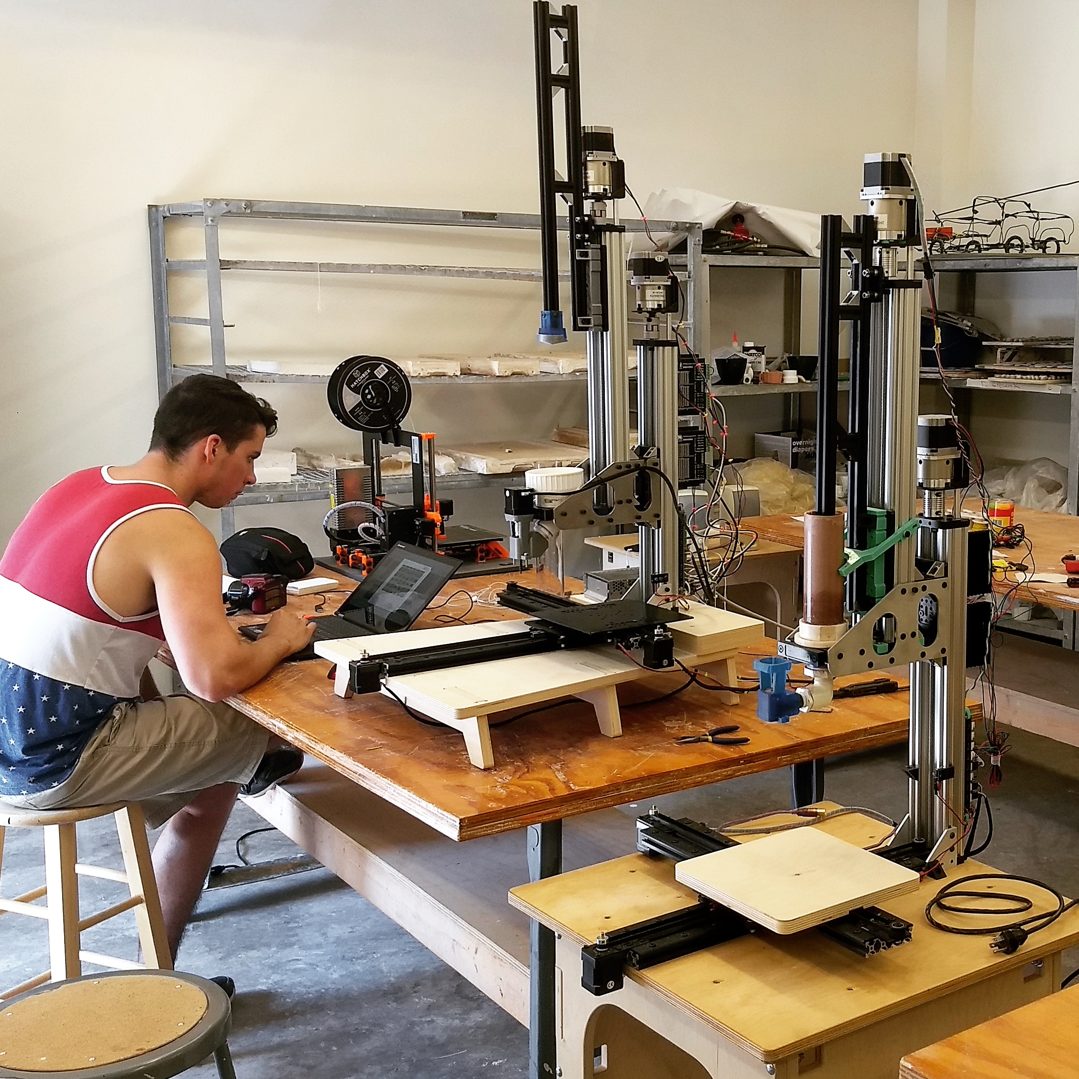 Building the first clone of our "Bricoleur" clay printer design, with Preston Van Allen of Syracuse University, Summer 2017