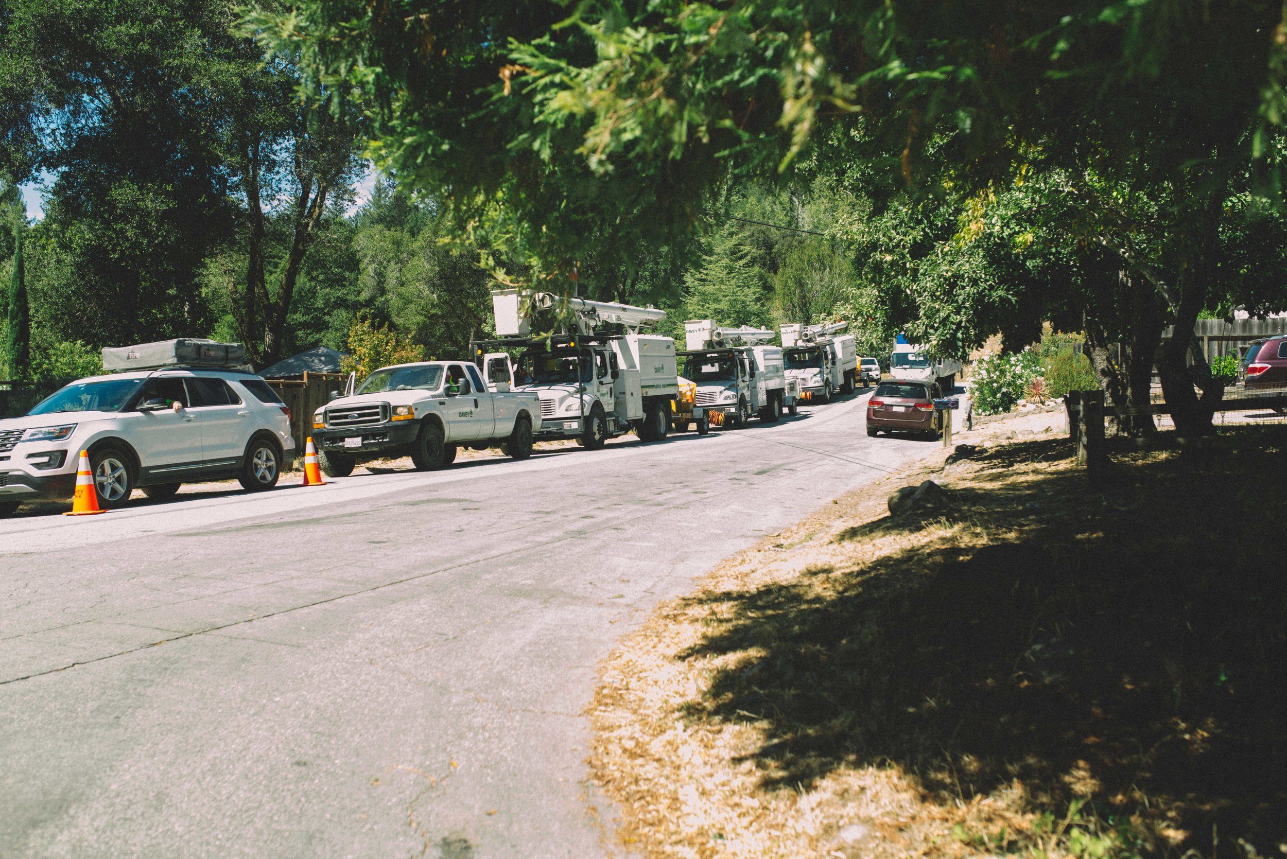  Contract tree workers arrive in a neighborhood to begin Wildfire Safety program work removing trees and vegetation near PG&amp;E high voltage power lines.  