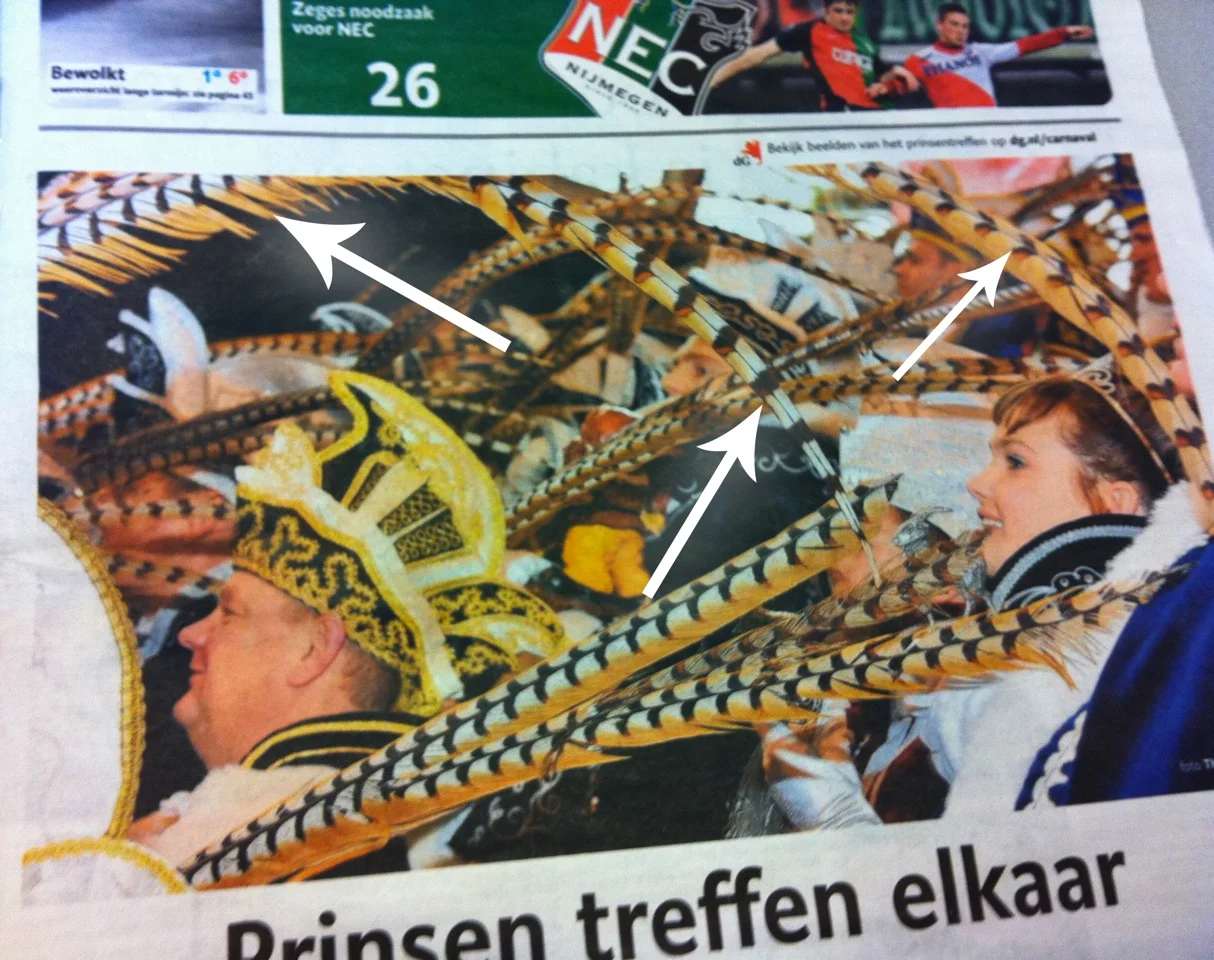 Voorpagina de Gelderlander maandag 28 februari. Prinsentreffen met heel mooi daarop Prins Herman de Eerste. De oplettende kijker ziet ook meteen de veren van Prins Willem punt NL.Voor de niet oplettende kijker zijn ze via de pijltjes te ontdekken.