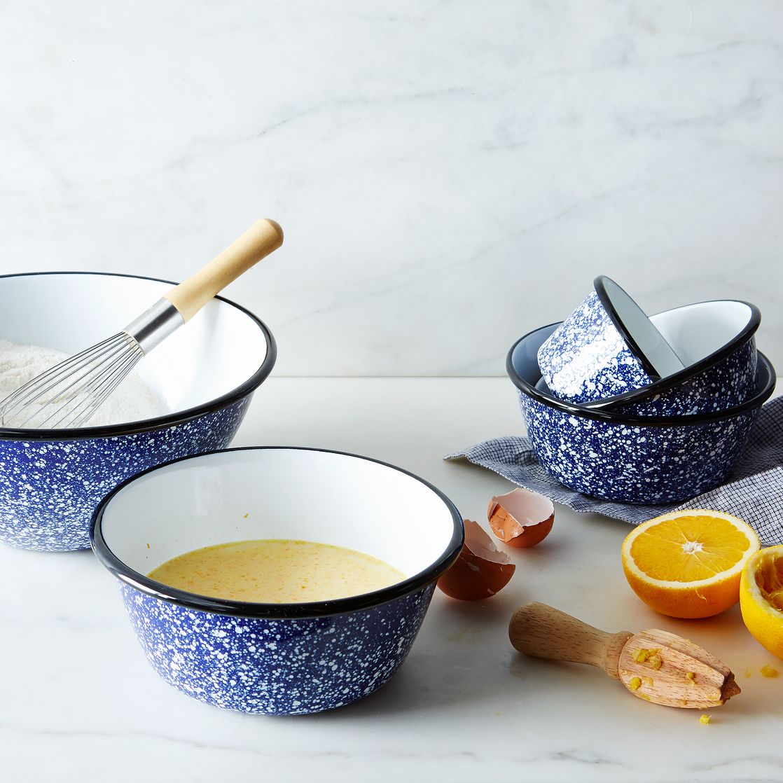 porcelain nesting splatterware bowls with a vintage feel. $130 from food52