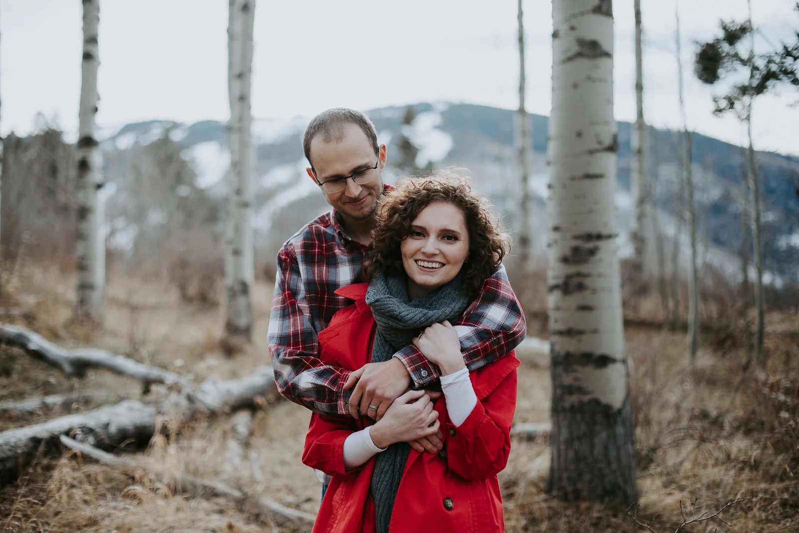 Vail Colorado Aspen trees couple engagement winter