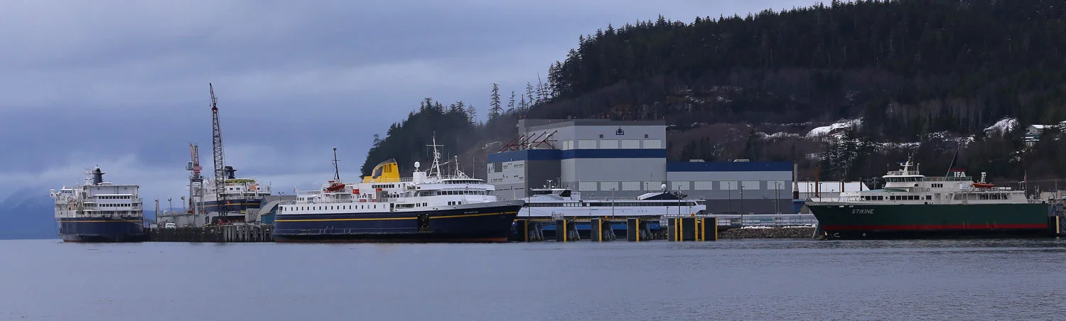 Ketchikan ferry terminals. The Alaska Marine Highway ferry Malaspina is in the center, and the IFA ferry Stikine is to the right.