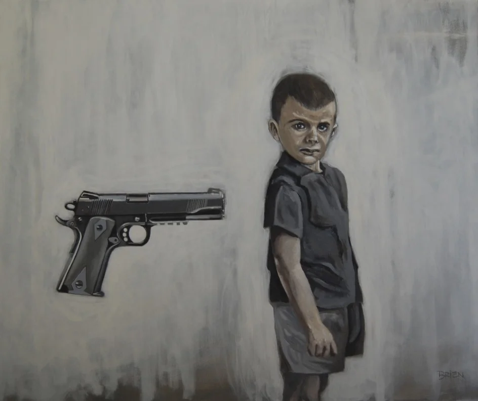 Such a gift! (Ceci n'est pas un cadeau d'anniversaire) (2013 acrylique sur toile 30x36 po.) Une dénonciation des armes à feu véritables données en cadeau aux enfants, ici ou ailleurs dans le monde.