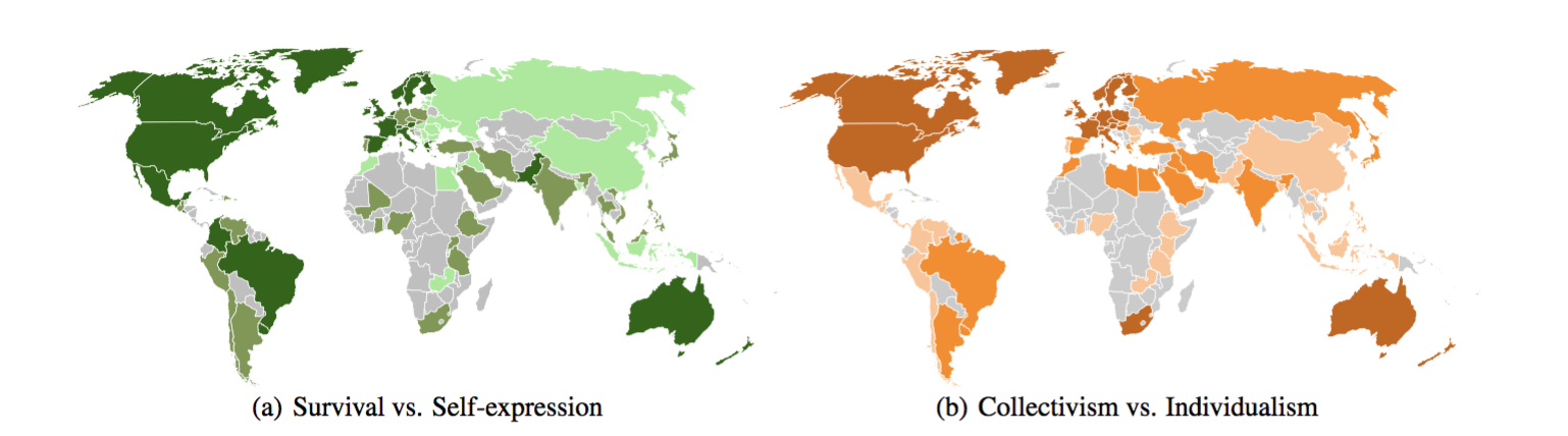 Figure 1 The deeper colored, the more self-expression-oriented / the more individualistic