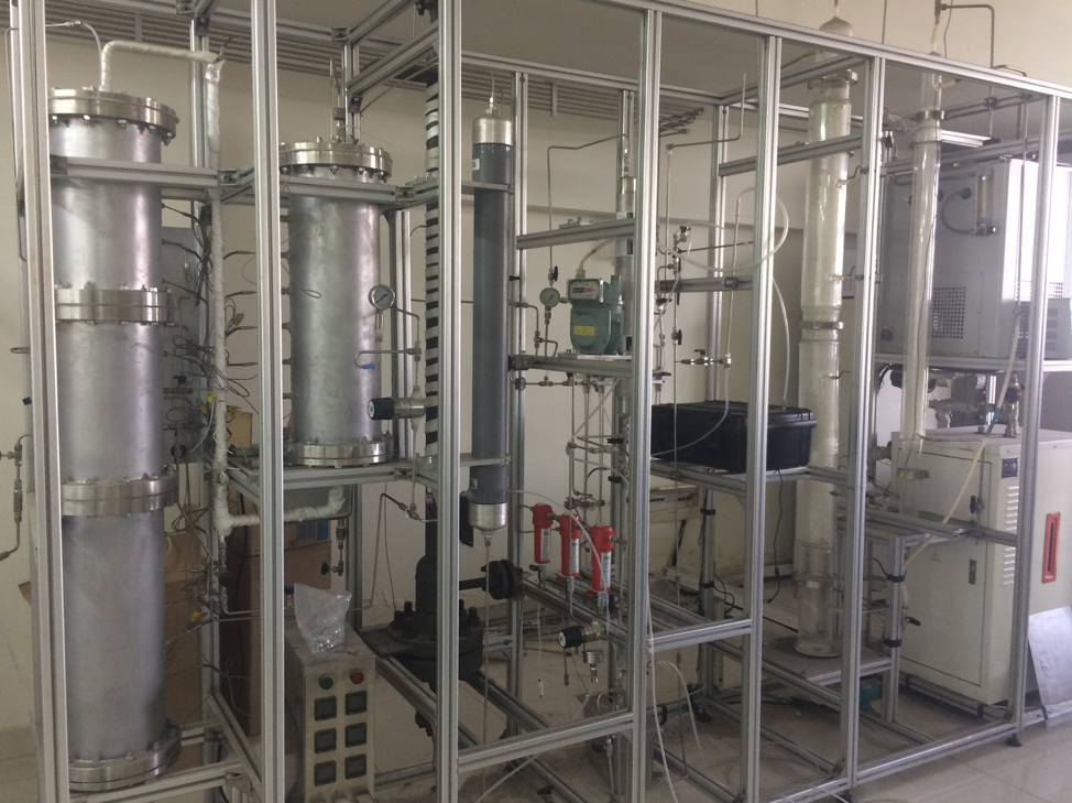 Image: Lab setup at SJTU, Jiao Tong University, demonstrating three different mechanics of isolating CO2 form emission stream. The valve is our collection was part of this complicated setup that the PhD students were putting together.