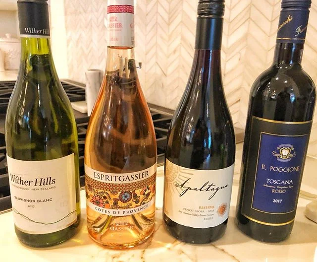 Picked out these Under $15 beauties for a simple 1 hour in-home wine tasting. Start off with a refreshing white like @WitherHills Sauvignon Blanc, move to the delightful @ChateauGassier Esprit Ros&eacute;, onto reds with @Apaltagua Pinot Noir, finish