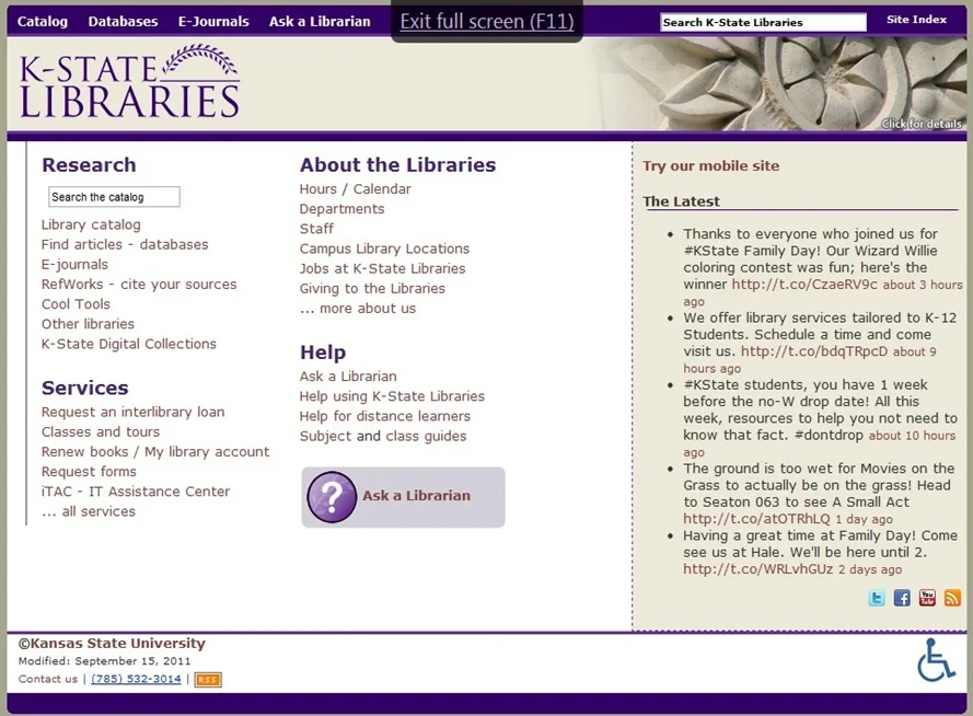 The Kansas State University Libraries Web site before its redesign.