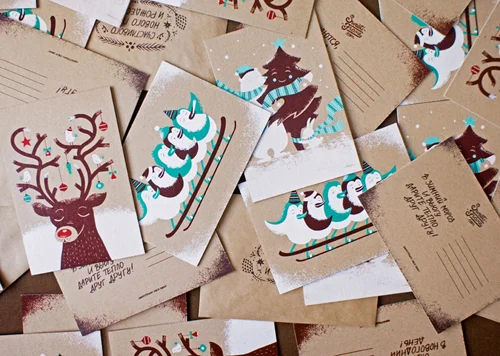 Silkscreened holiday postcards by Olga Vasik