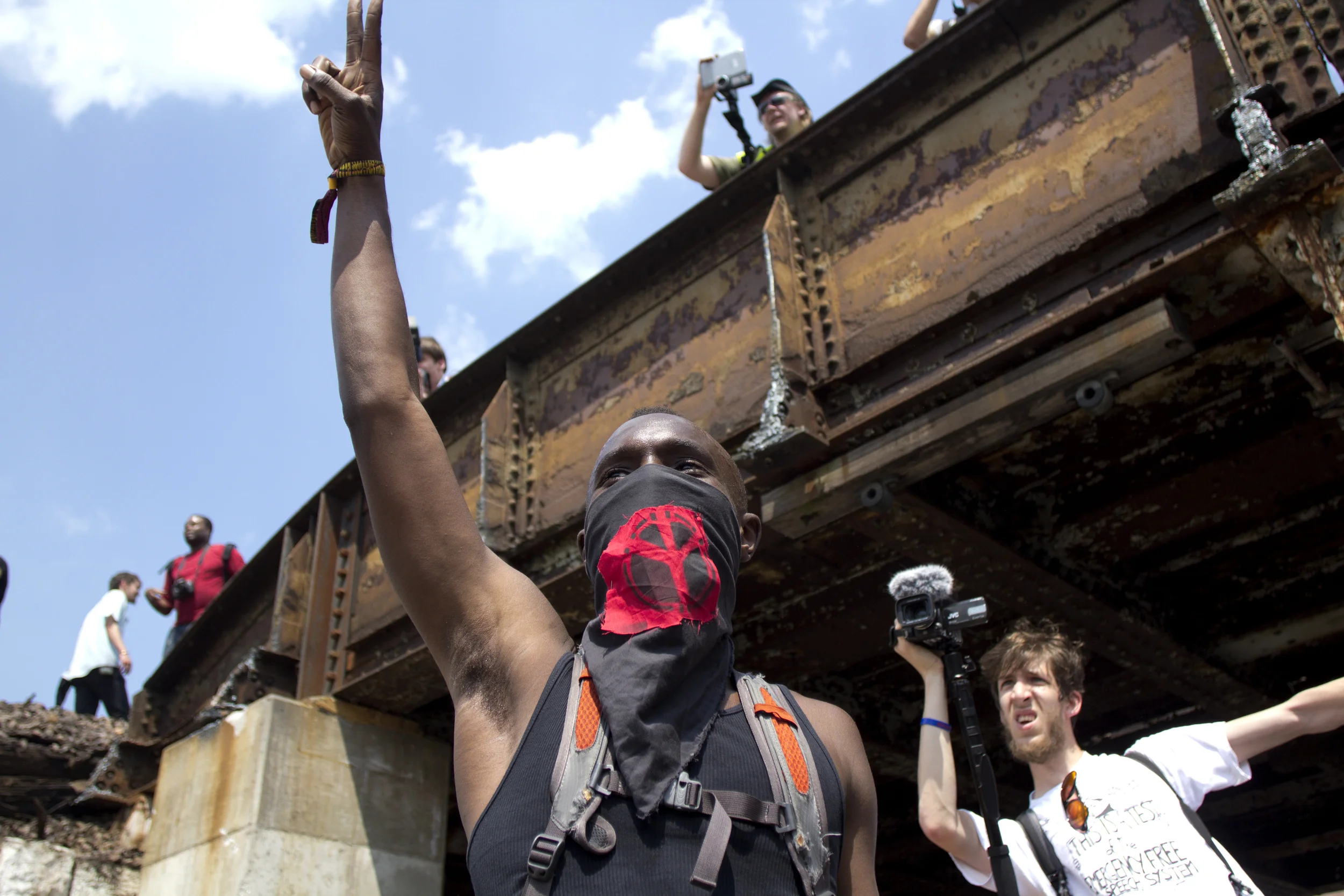 A protestor demonstrates during the 2012 NATO summit in Chicago IL.