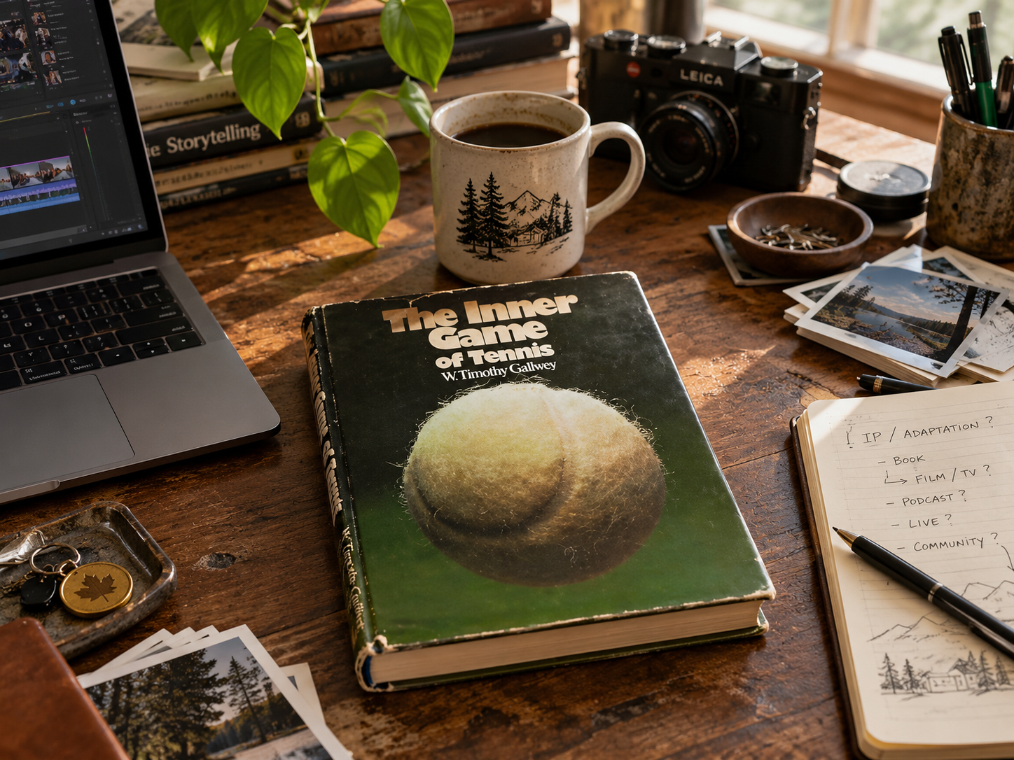 Creative Desk with Tennis, Film, and Coffee.png