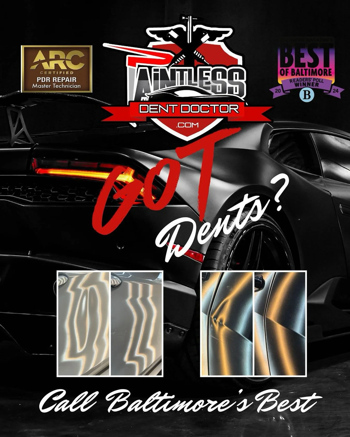 Got Dents? Call or Text Baltimore&rsquo;s Certified Master Techs at Paintless Dent Doctor Today at (443)610-2769! Save Time &amp; Money With Paintless Dent Repair.
