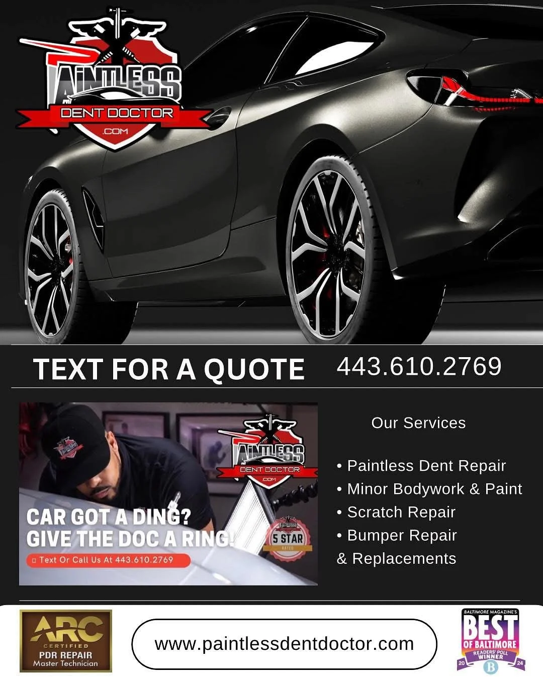 Does Your Vehicle Have A…
• Door Ding
• Large Dent
• Scratch or Scuff
• Bumper Damage
• Collision Damage? 
Our team of Certified Master technicians deliver high quality repairs in a timely fashion. Most Paintless Den