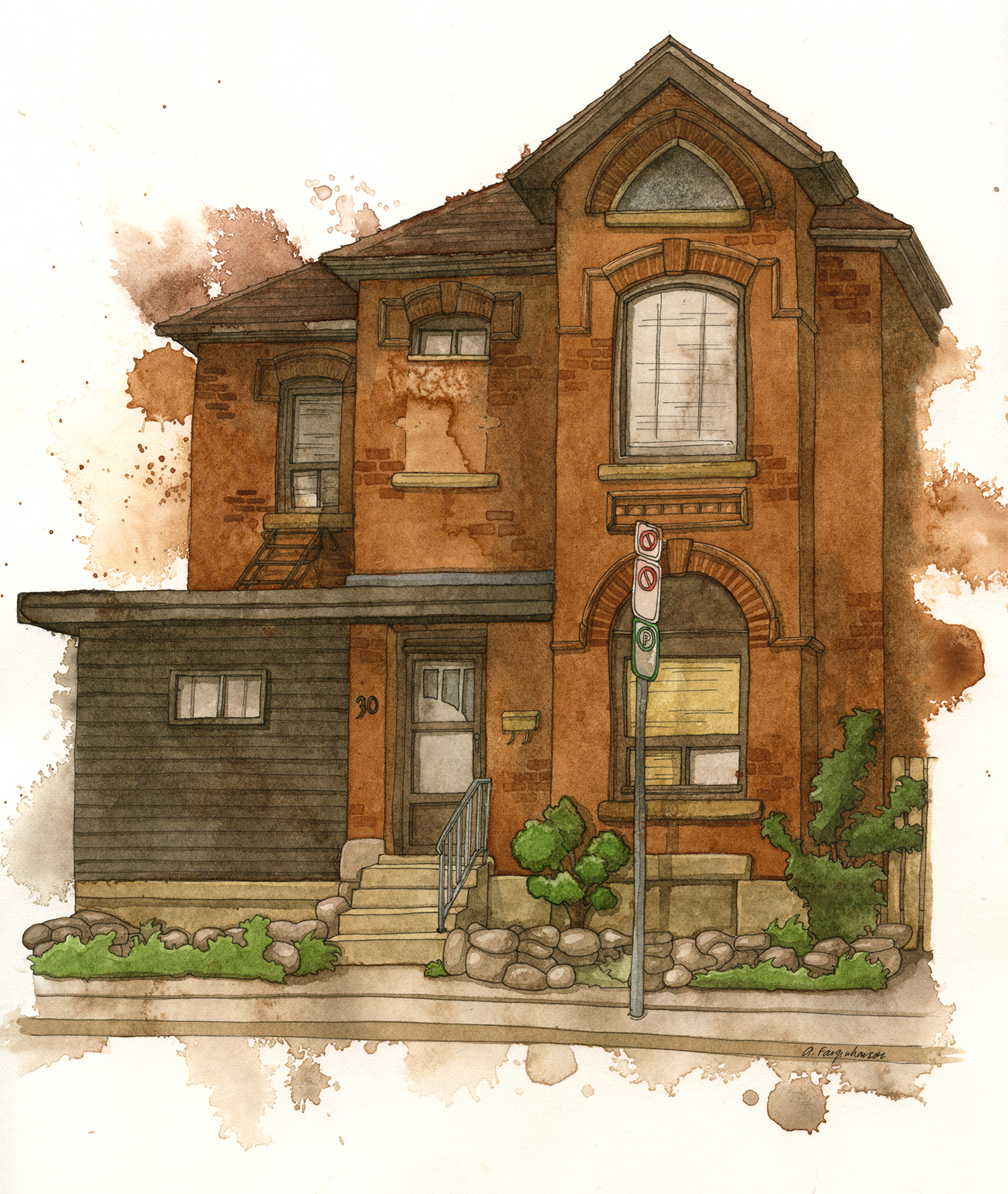 Дома фасад нарисованный акварелью