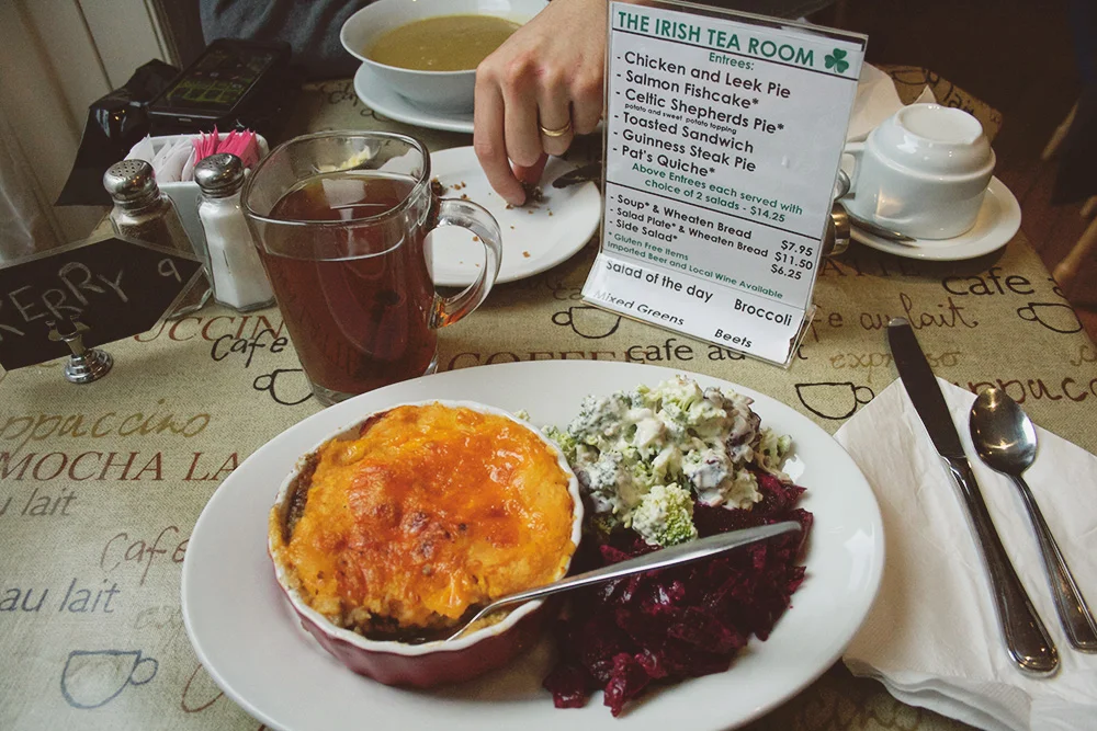 This is the full menu (and a picture of the Celtic Shepherds Pie)... everything with a star beside it is gluten free. 
