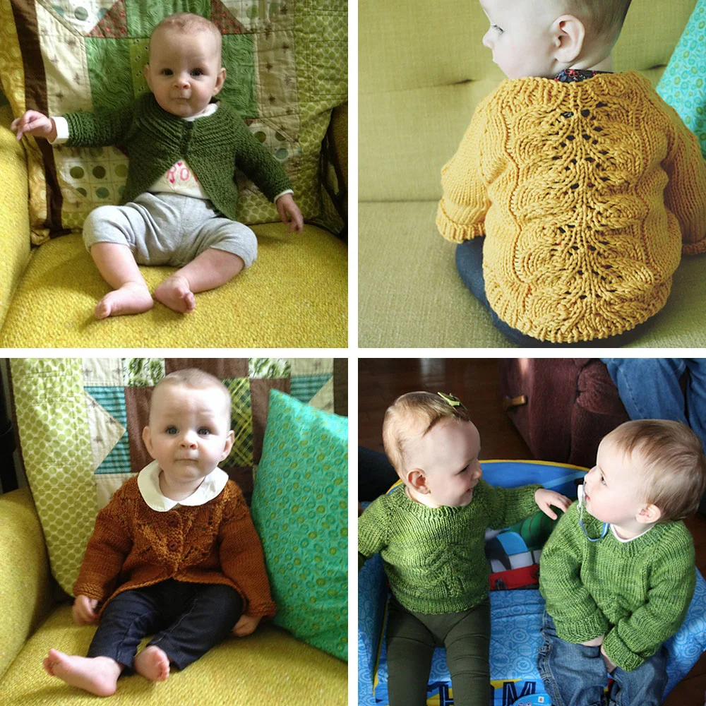 Clockwise from Top left: Molly modelling my first completed object, a crocheted baby cardigan for my friend Kim's daughter Frankie. Molly in a Bloomsbury Kids pullover, Molly and my nephew Jackson in matching Christmas Tree sweaters, Molly in my first knitted sweater project (and first ever knitting project) - a Granny's Favourite Cardigan.