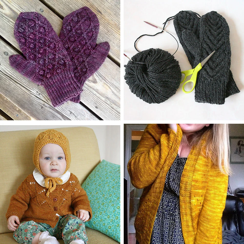 Clockwise from top left: some Hierro mittens for my mother-in-law, two pairs of Antler mittens for my sister and her fiance, a Campside Cardigan for myself, and a yellow bonnet for Molly.