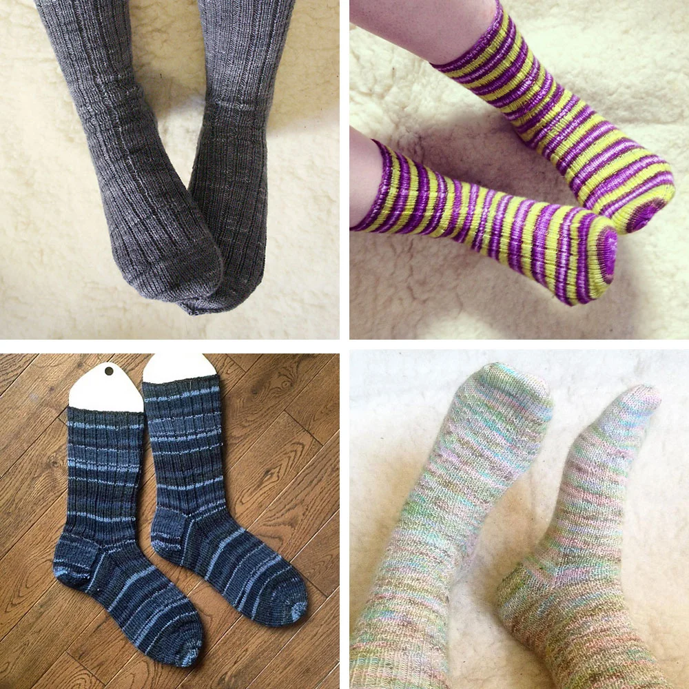 Clockwise from top left: Grey ribbed socks for Jay, Stripey socks for me that are super special because the yarn was a just-because surprise gift from my friend Courtney, Hermione's Everyday Socks for me, and grey self-striping socks for Jay.