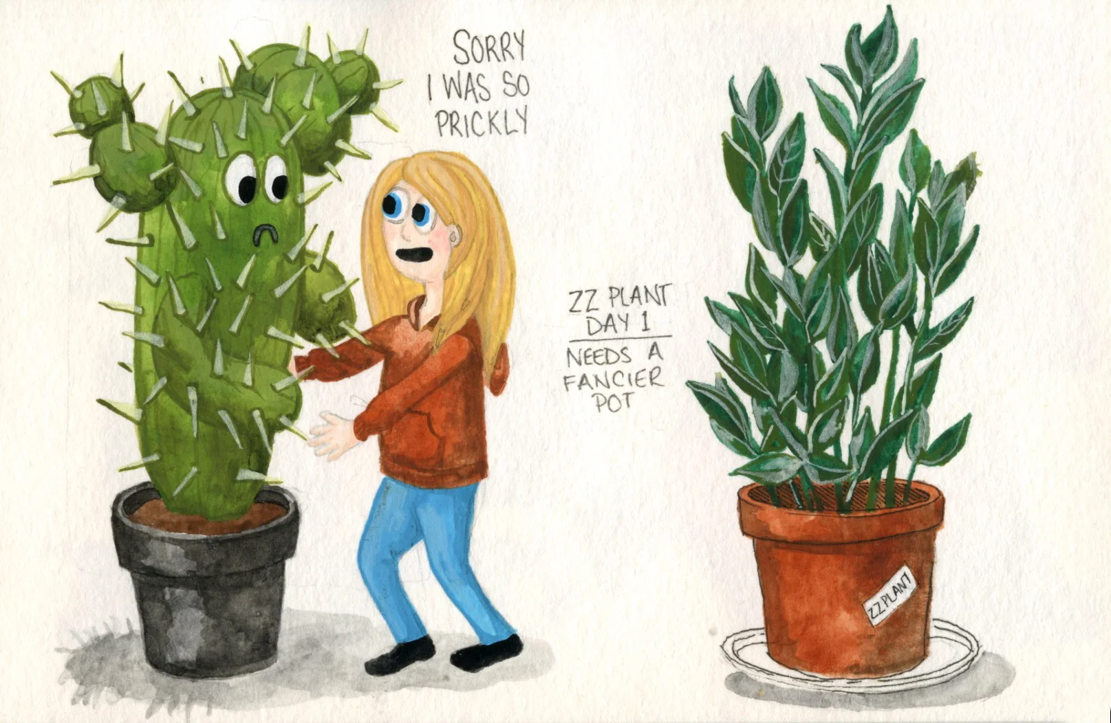 Working on a cactus "I'm Sorry" card for sale in my etsy shop + our new ZZ Plant... thank you Thea for telling me how hard they are to kill!