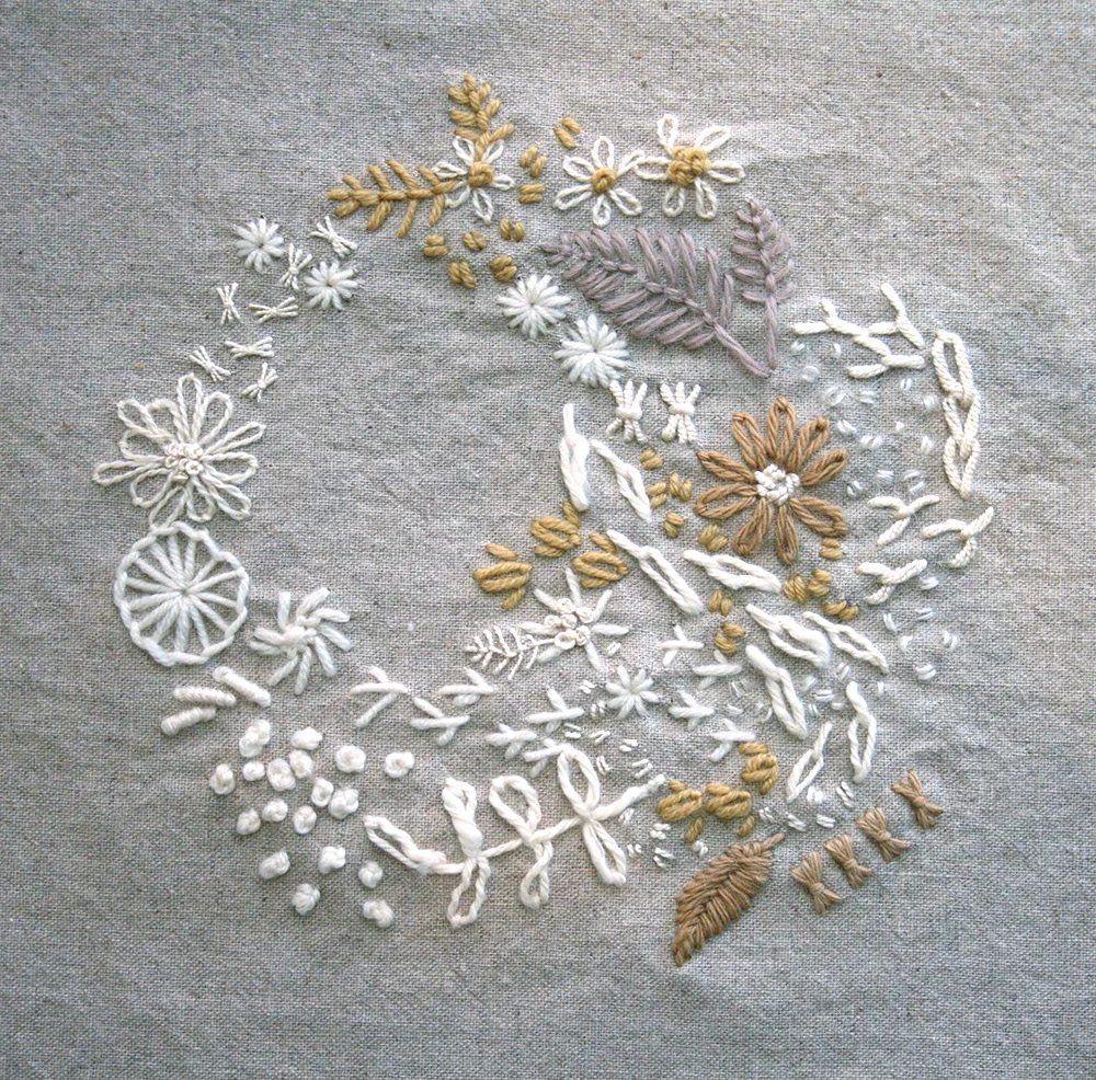 My stitch sampler from our in-class lesson on embroidery stitches. A variety of yarns and threads stitched onto a grey linen and cotton blend. 