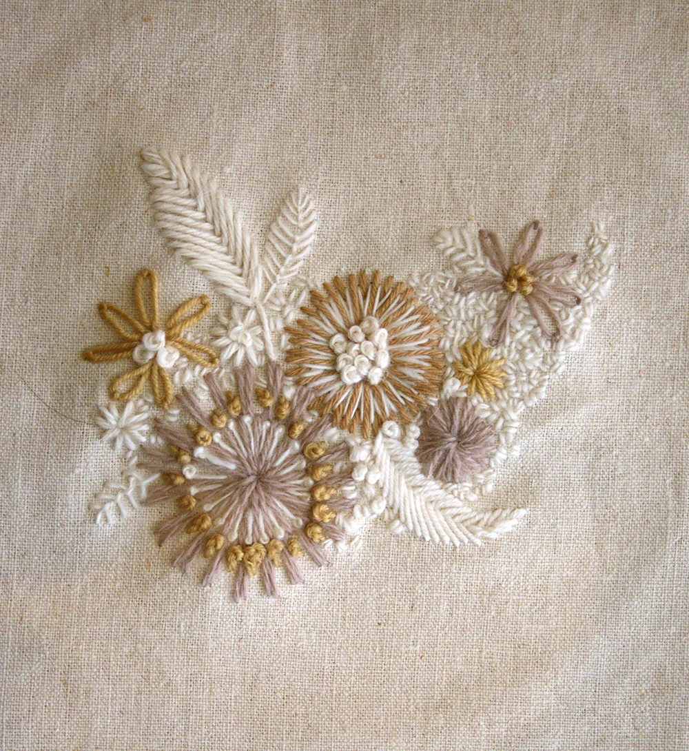 Sampler 3 - A variety of yarns (some pre-dyed by Thea) stitched onto a thick yellowy-beige hemp canvas which was pre-mordanted with Alum. This was my least favourite material to embroider on, it really hurt my fingers yanking the thick yarns through the tight canvas. 