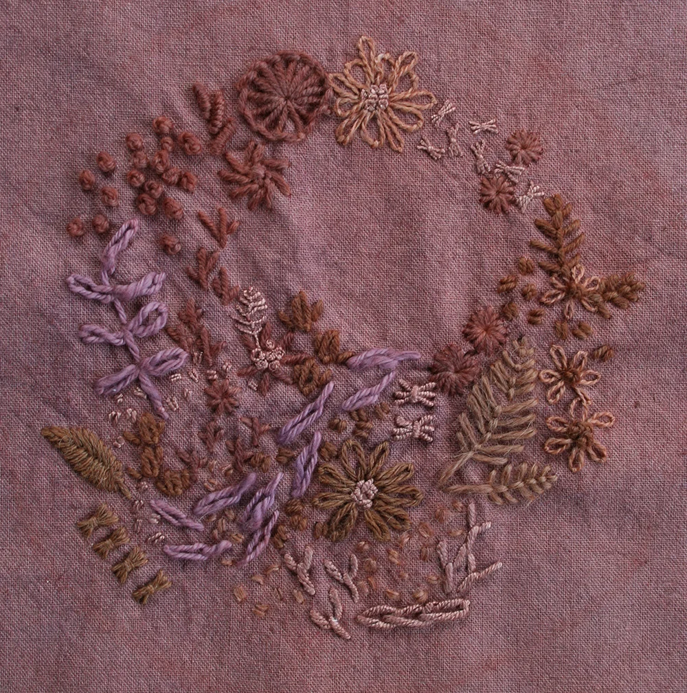 Here is the first sampler after a long time in the Madder dye pot and a short time in the Logwood dye pot, with an Alum mordant. It's fascinating how some of the yarns (merino wool and silk) picked up more red madder colouring and some (like the cotton) really absorbed the logwood purple. 