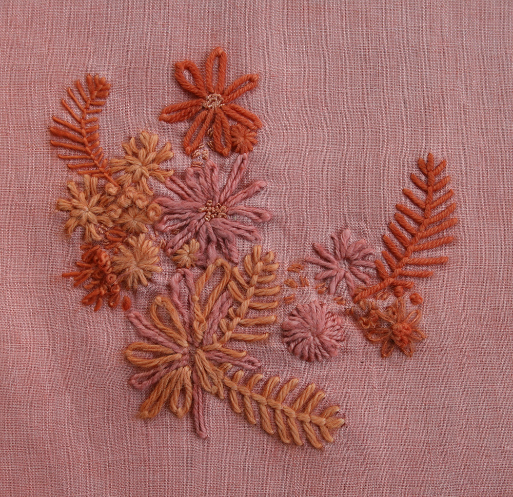 Sampler 2 went just into the Madder dye for the entire time. It really picked up a lovely bunch of pink and coral shades. Pretty!