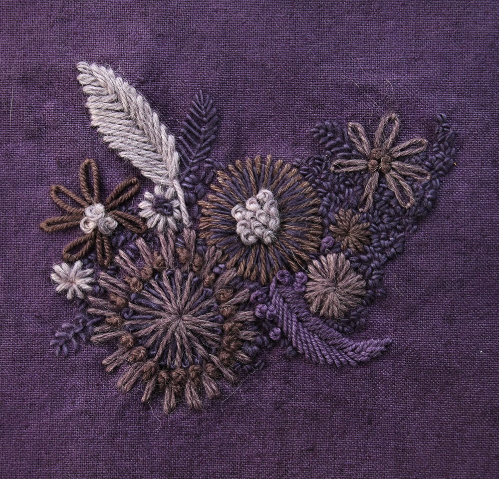 Here is Sampler 3 after a logwood dye bath with an Alum mordant. I was really hoping the dye would overpower all the pre-dyed threads I had used and I am really happy with the result of that. It definitely feels more coherent now. 