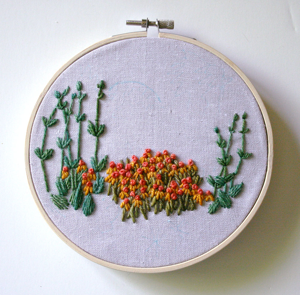 Beginning of an embroidered landscape - Tutorial on how to embroider your own landscape art by Amanda Farquharson