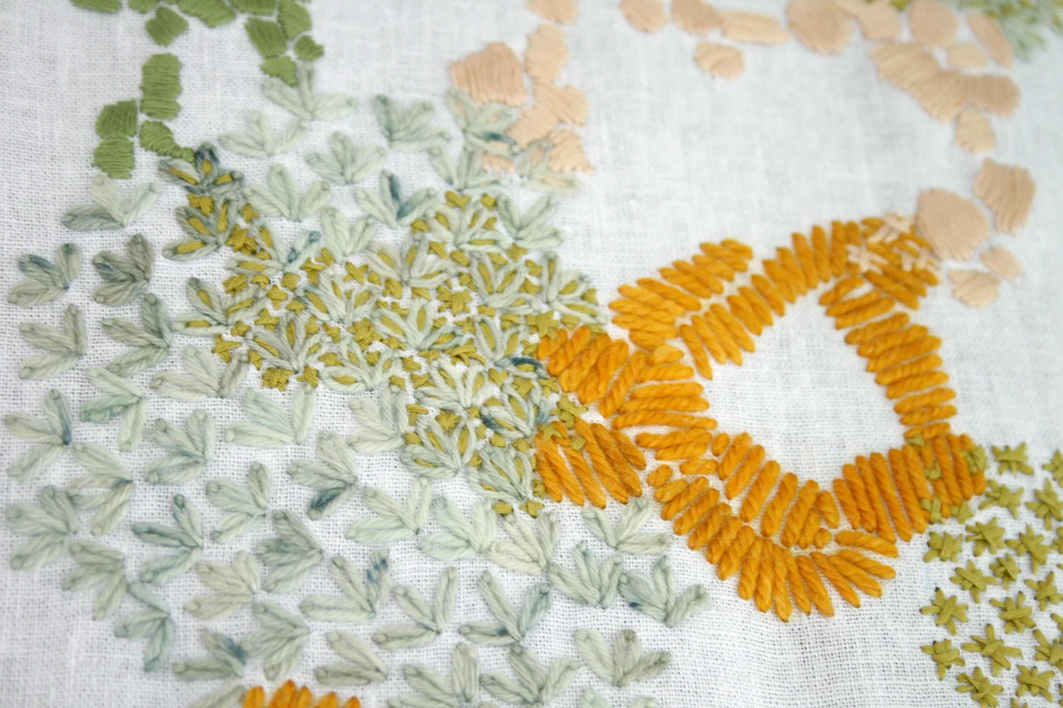 Another Detail Shot of the Gold, Grass and Peach Embroidered Tapestry by Amanda Farquharson