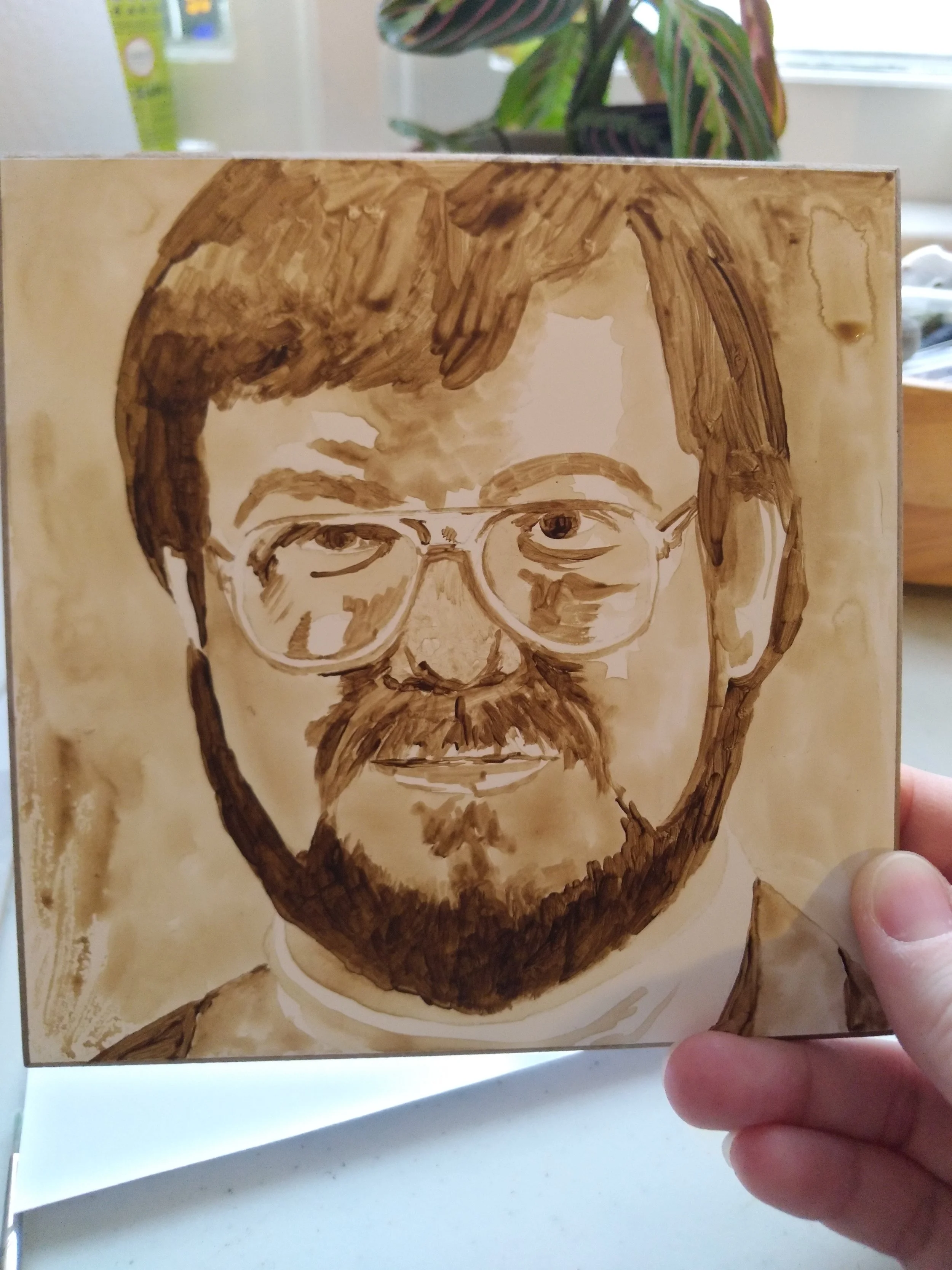 Underpainting, done with raw umber acrylic paint thinned with water