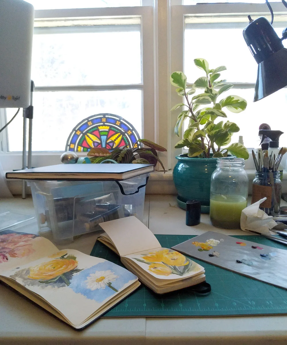 My work table with some frankly disappointing sketches.