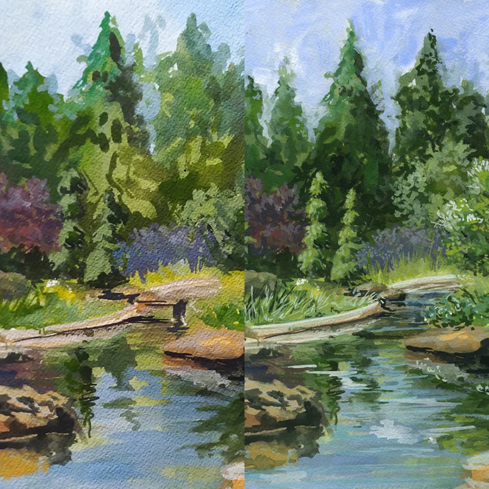 Rock Garden Study in Gouache On the left: as it looked when I finished my time on location On the right: After about an hour of studio painting