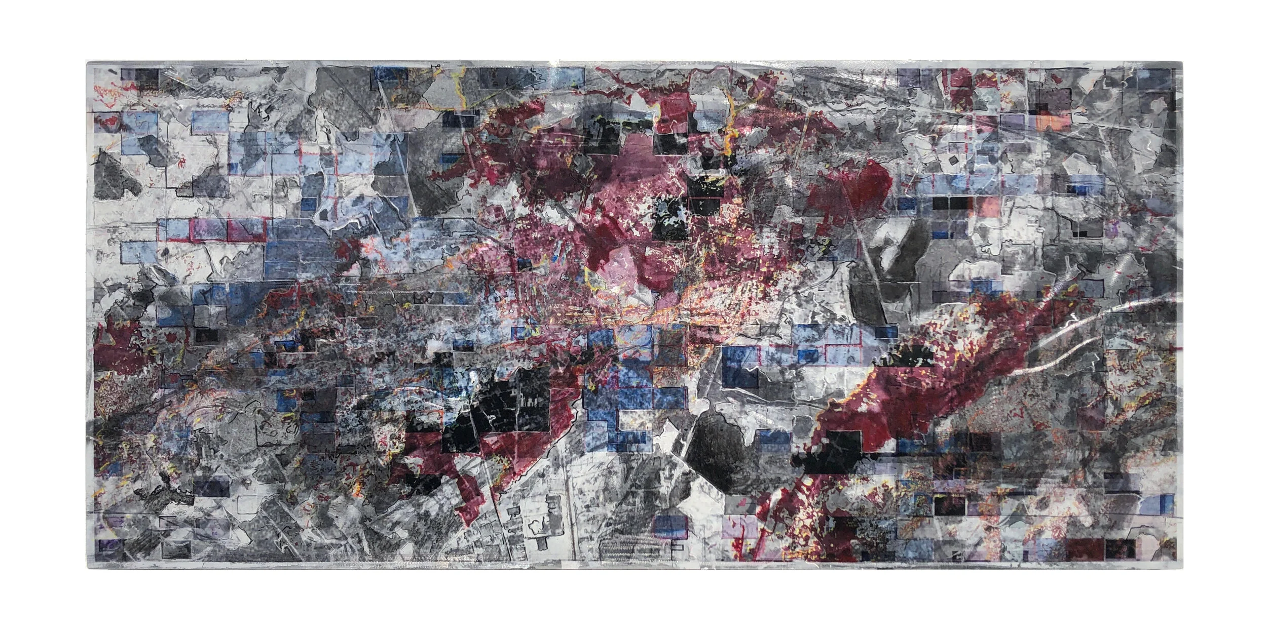 You gotta preach to the choir so they know what to sing (Racist/sm, as told by Dyalekt for the Museum of Dead Words), Translation No. 2Archival pigment inks and mixed media on aluminum, mounted on wood16 x 36 x 1.5”2020