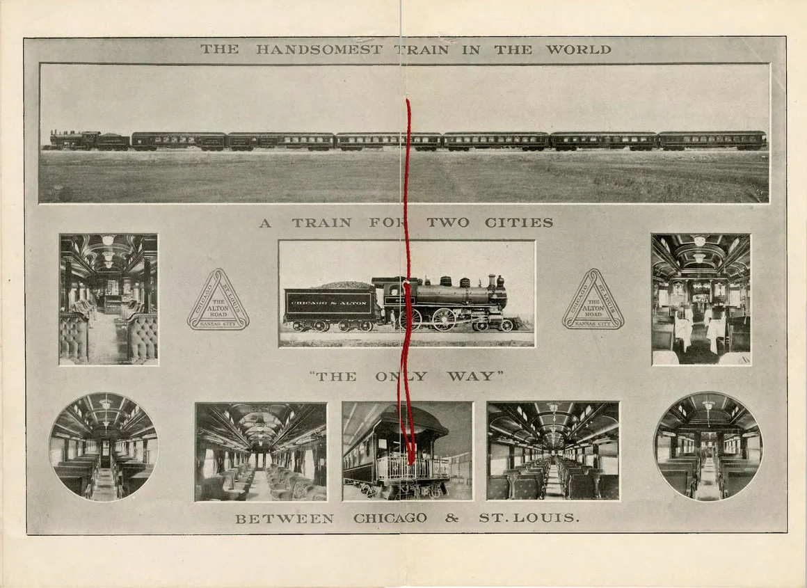 A spread from the Chicago & Alton pamphlet, “The Largest Photograph in the World of the Handsomest Train in the World”, including Lawrence’s image of the train. INDIANA HISTORICAL SOCIETY