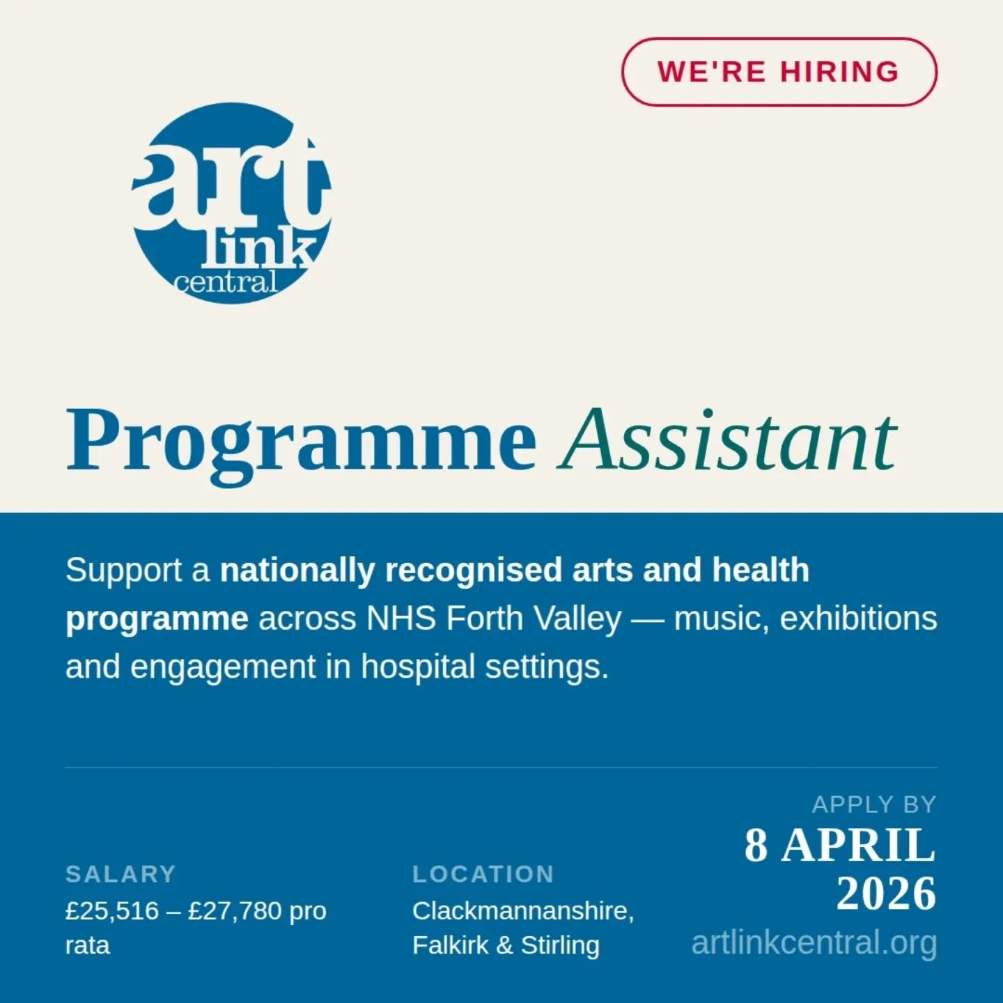 We're hiring.

We're looking for a Programme Assistant to join our arts and health team, supporting the Wellbeing Through Arts Strategy across NHS Forth Valley sites.

It's a practical, varied role &mdash; music programming, exhibitions, audience eng