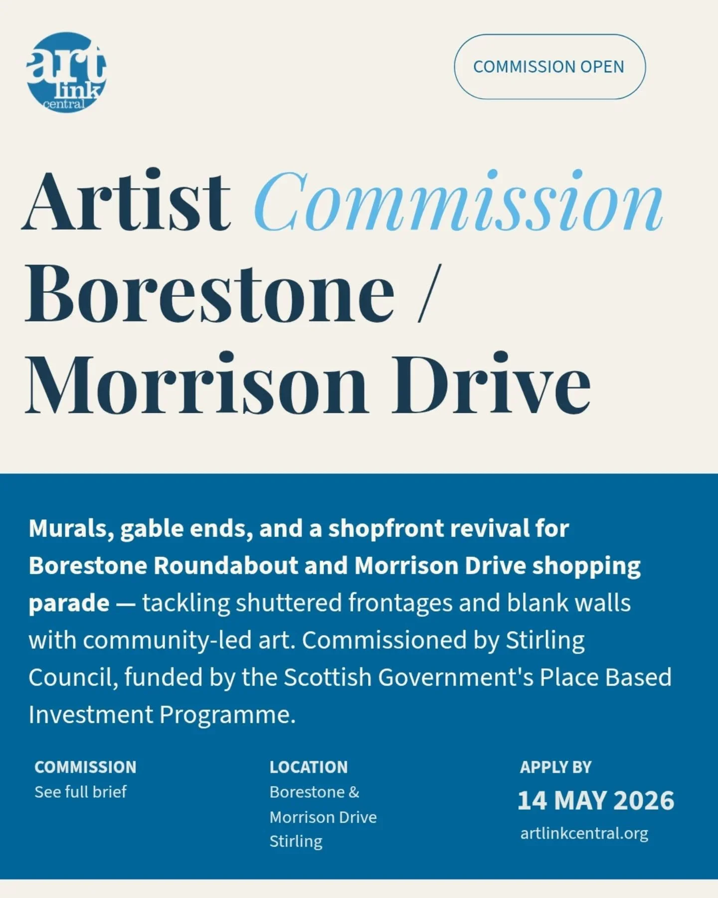 We're hiring &mdash; Artist Commission open in Borestone, Stirling!

We're looking for an artist to bring life to Borestone Roundabout and Morrison Drive shopping parade &mdash; murals, gable ends, and a shopfront revival tackling shuttered frontages