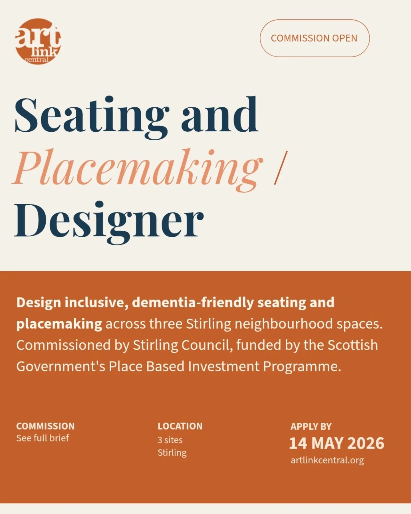 Seating and Placemaking Designer commission open!

We're looking for a designer to create inclusive, dementia-friendly seating and placemaking across three Stirling neighbourhood spaces &mdash; Borestone, Raploch, and Darnley Park.

If you design wit