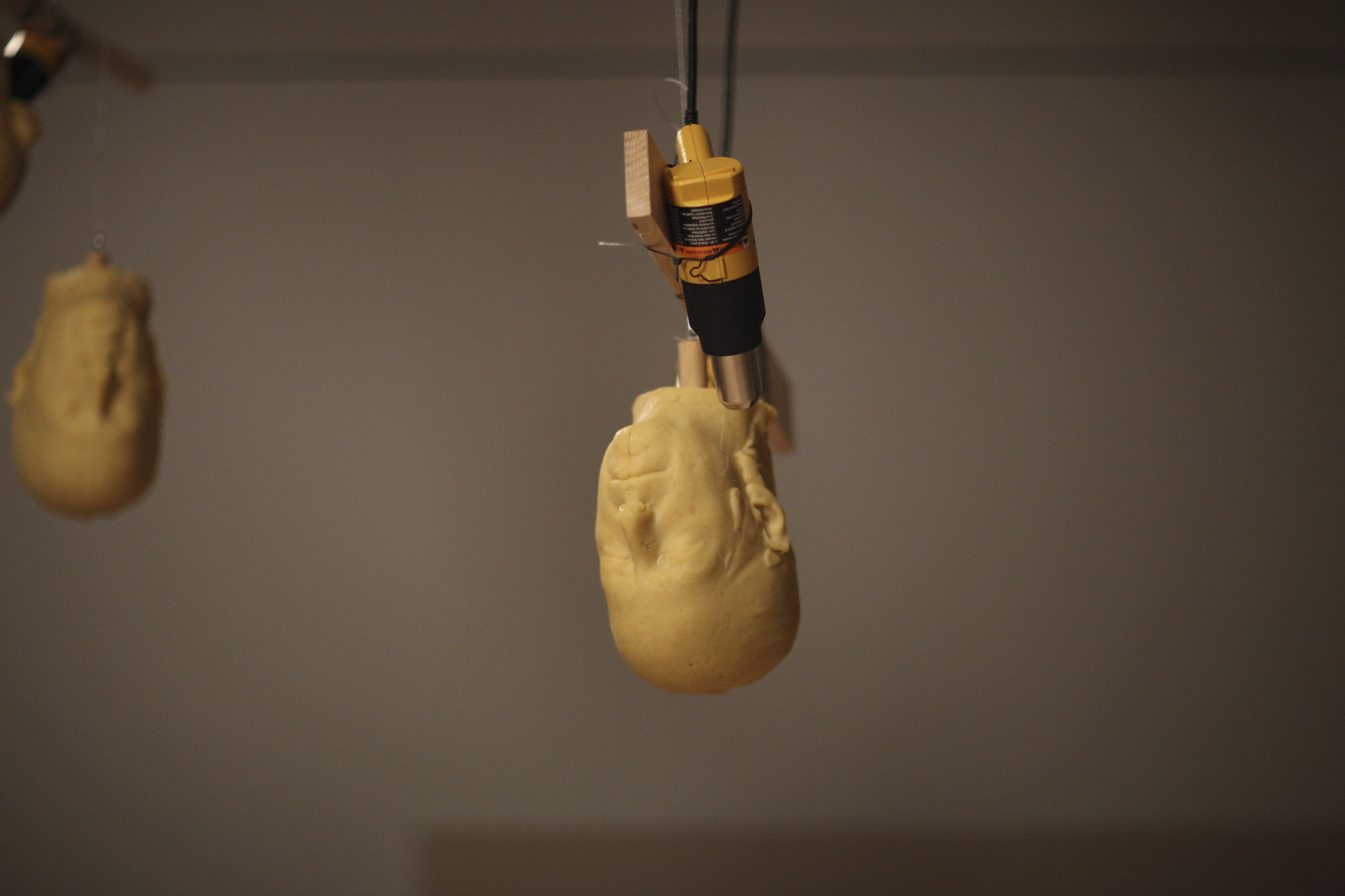 Rubell's Cheese Heads for Brooklyn Museum's Ball (2010) As a homage to Bruce Nauman's hanging wax heads —but also reminiscent of Janini Antoni's "Lick and Lather" busts of chocolate and soap—Rubell cast seven sculptures of her head in fontina cheese for the Brooklyn Ball and tied them up to the ceiling with strategically aimed heat guns, positioning the heads above a pile of crackers to catch the Velveeta-esque droplets of oozy whiz as it melted off the heads. Rubell's production also featured dirty martini spigots, Mario Batalli live-carving rabbits , Vito Acconci carrot phalluses , and a ritualistic destruction of a super-sized Andy Warhol piñata . 