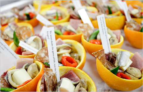 Chef Matthew Weingarten's Intuitive Antipasto for Performa's Futurist Banquet (2009) Performa's Futurist Banquet recreated dishes from the Italian artist and poet F.T. Marinetti's Futurist Cookbook , including cubist crudite, courses accompanied by spritzes of perfumed rose water or colored mood-lighting changes, elaborate jello bombs disintegrating into food fights, and this antipasti cupped in orange rinds and topped off with Marinetti-scribed manifesto-y incitements such as, "We regard art critics as useless and dangerous." Upon completing their antipasti, guests were instructed to shout their fortunes in an uproar of aesthetic revolt while Jerry Saltz looked on. 