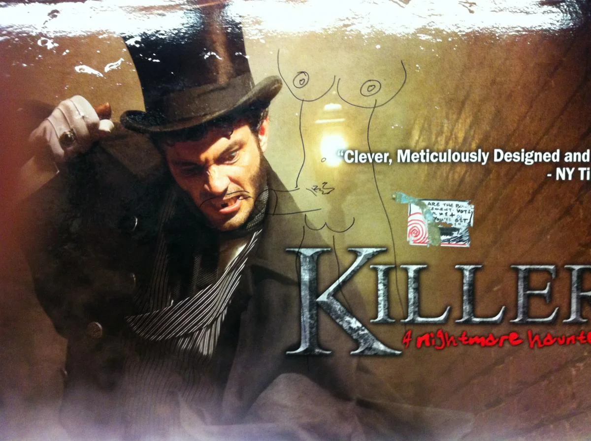 This is what the wheatpaste industry calls a “Hat-Trick”: homicidal maniac, political rant Sharpied onto Priority Mail label, and she-male jizzing in H.M.’s face.