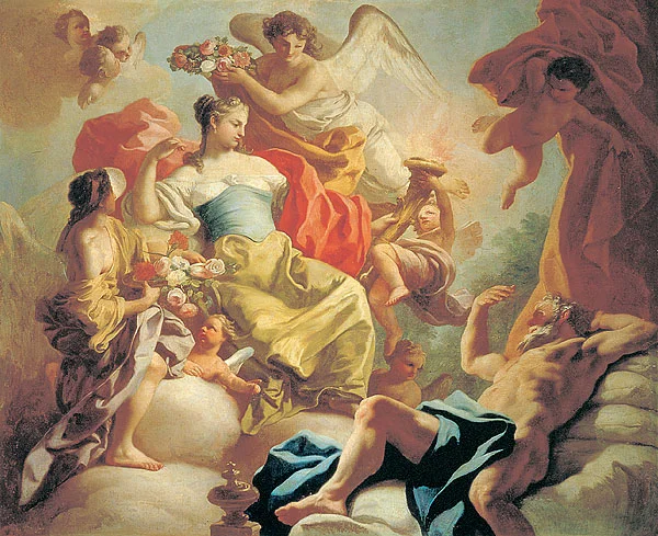"Aurora e Titone" by Francesco de Mura. Tithonus was a mythological prince whose lover, the goddess of dawn, rendered him immortal but forgot to ask for him not to age. Image from Wikipedia.