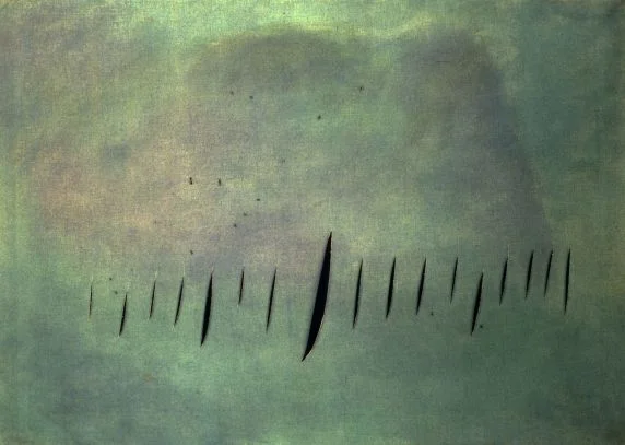Lucio Fontana, Concetto Spaziale, Attese , 1958 (image via mcachicago.org; click to enlarge)