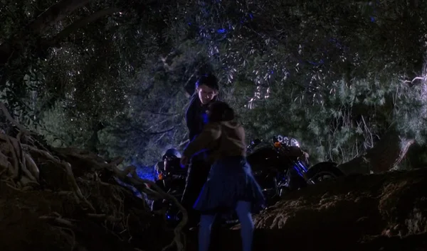 JD emerges from the blue to save/stalk Veronica (wearing blue). 