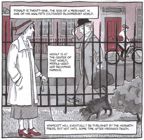 A panel from the book in which Bechdel imagines two of her recurring quasi-characters, Virginia Woolf and Donald Winnicott, crossing paths. 