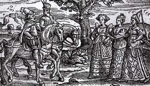 The witches from Macbeth in a ye olde illustration. 