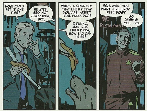 Hawkeye, in a suit, feeding a dog pizza. In my eyes, that's pretty heroic. 
