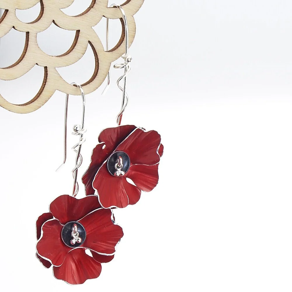 red poppy flower earrings handmade from anodized aluminum and silver by Mandy Allen, Metal Arts